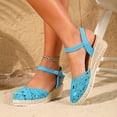 thumbnail image 2 of Rokment Womens Crochet Platform Wedge Sandals Bohemian Handwoven Straw Espadrilles Chunky High Heels Beach Casual Breathable Closed Toe Dress Summer Shoes for Vacation Spring Summer Fall Blue Size 6, 2 of 7