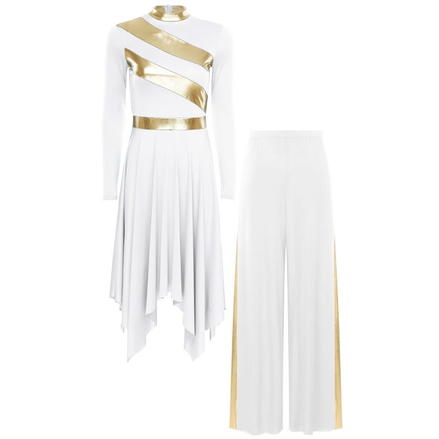TSSOE Robe de Danse de Louange pour Femmes Robe à Superposition Irrégulière Pantalon à Jambes Larges Costume de Danse Lyrique de Salon Blanc m