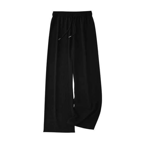 LYEAA Pull on Pants for Women Drawstring Elastic High Waist Wide Leg Long Pants Casual Solid Color Baggy Thin Comfort Outerwear Pants Soft Loose Pants Black XL