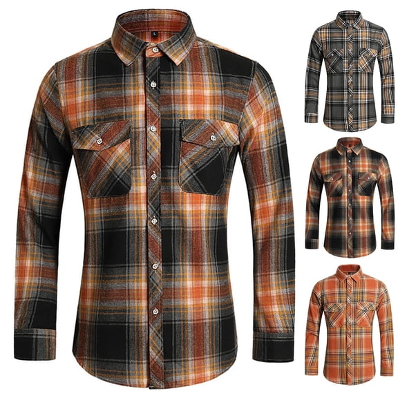 RongHuan Men's Big and Tall Plaid Shirt Long Sleeve Dress Shirts Button Down Cotton Tshirt Lapel Tops with Pockets