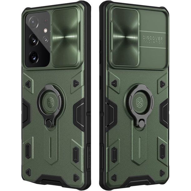 Funda para Galaxy S21 Ultra con cubierta para cámara y soporte, protección de lente deslizante + soporte de anillo de 360°, resistente a impactos, a prueba de golpes, funda protectora para Samsung