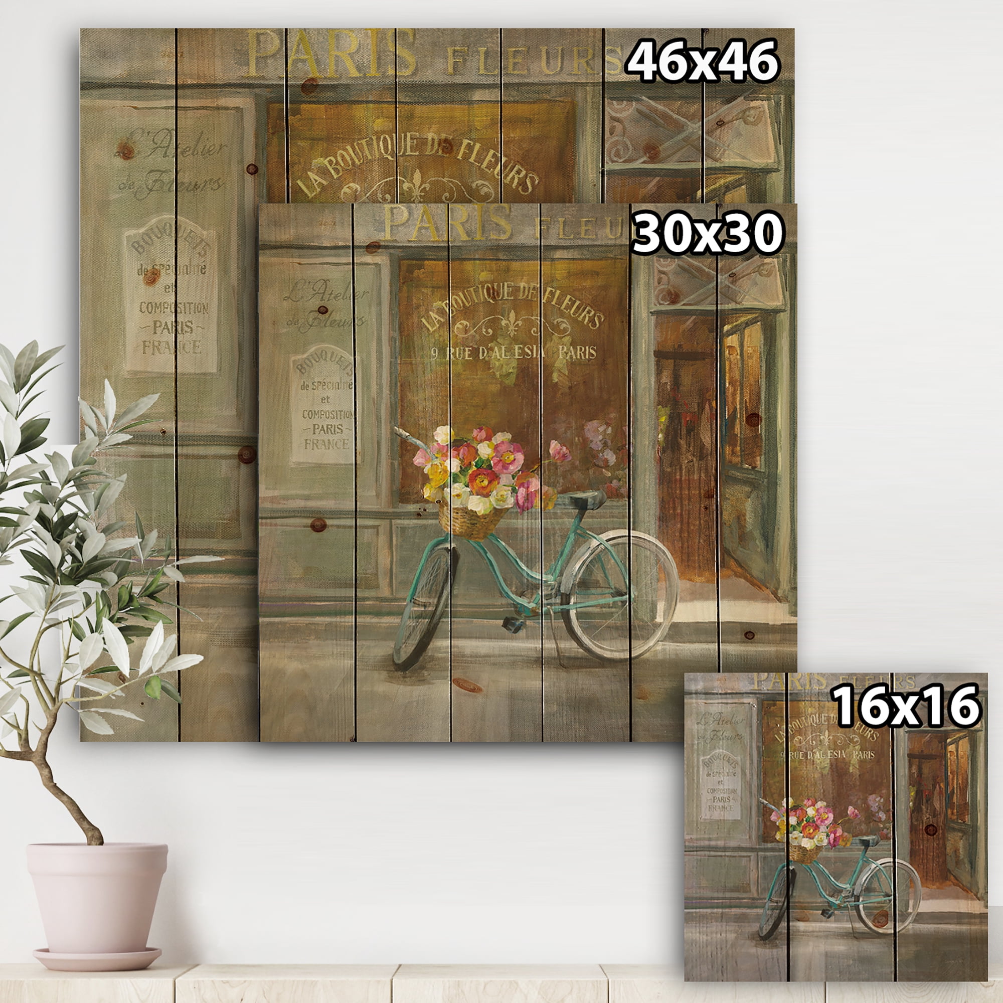 Designart 'Paris French Flowershop With Bicycle' Traditional Print on Natural Pine Wood