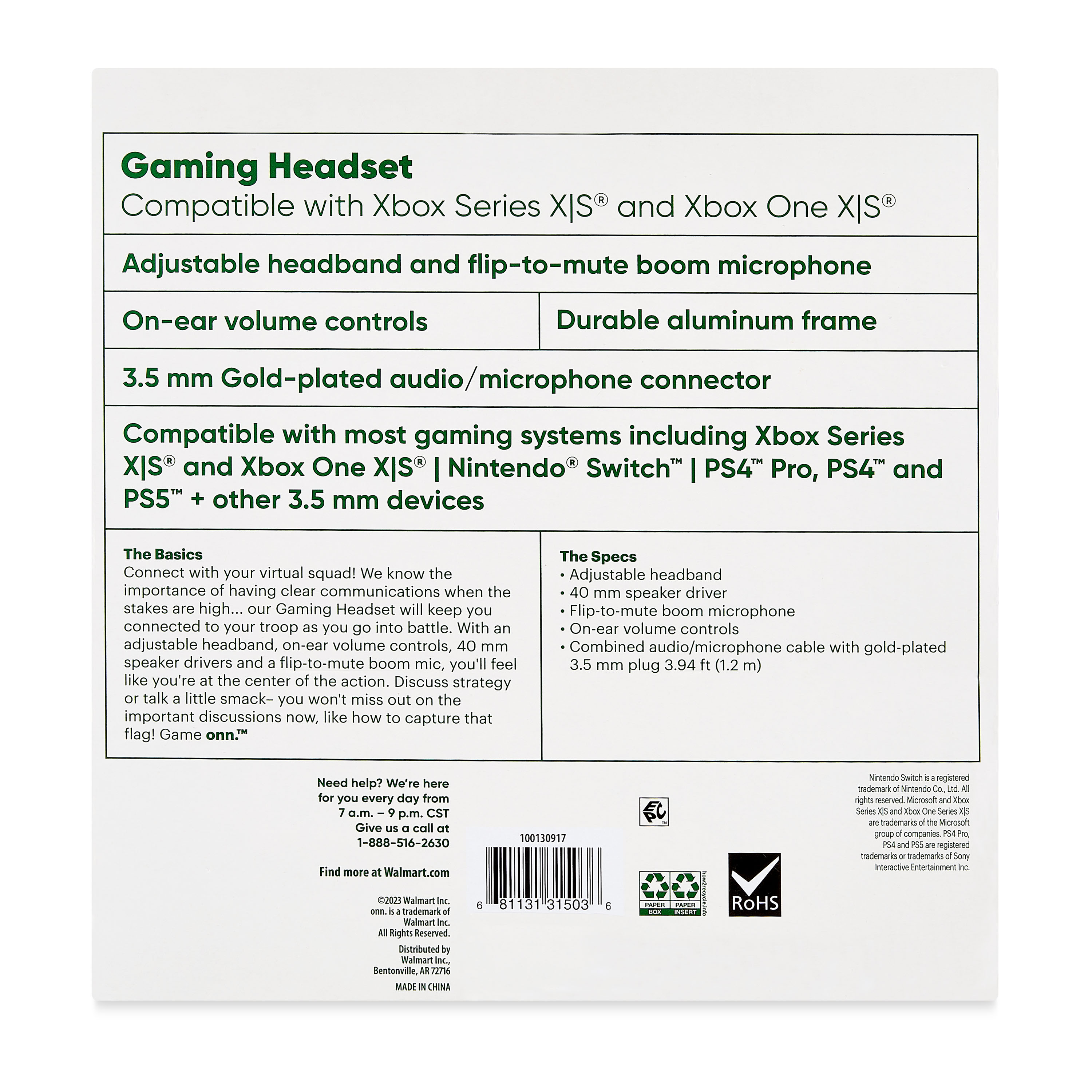 onn Wired Gaming Headset for Xbox Series X/S, Black & Green photo 5