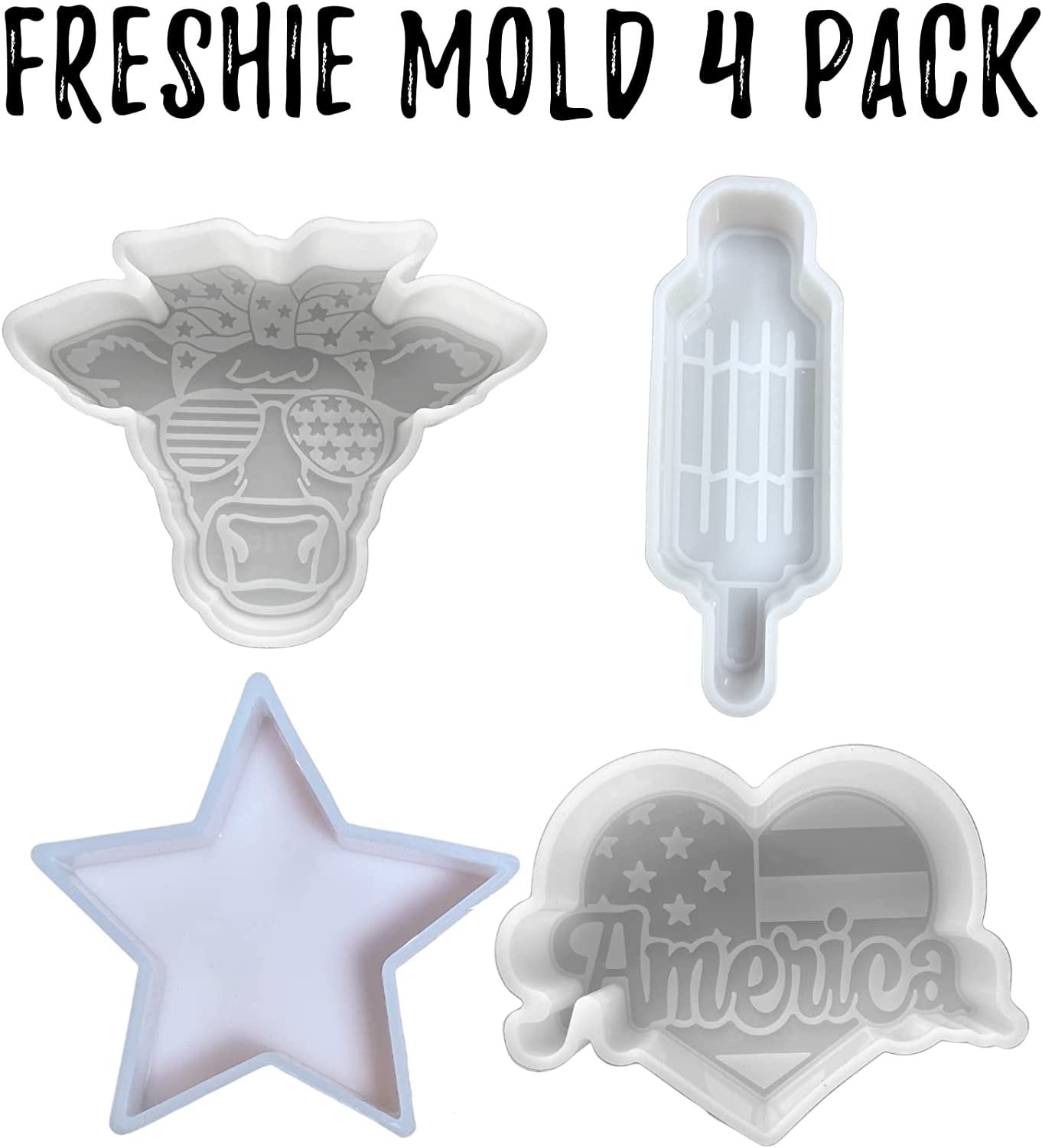 American 4th of July Car Freshie Silicone Molds 4 Pack America Heart, Cow Highland Red White Blue Sunglasses, Star, Bomb Pop Bulk Kit Wholesale American Flag Patriotic