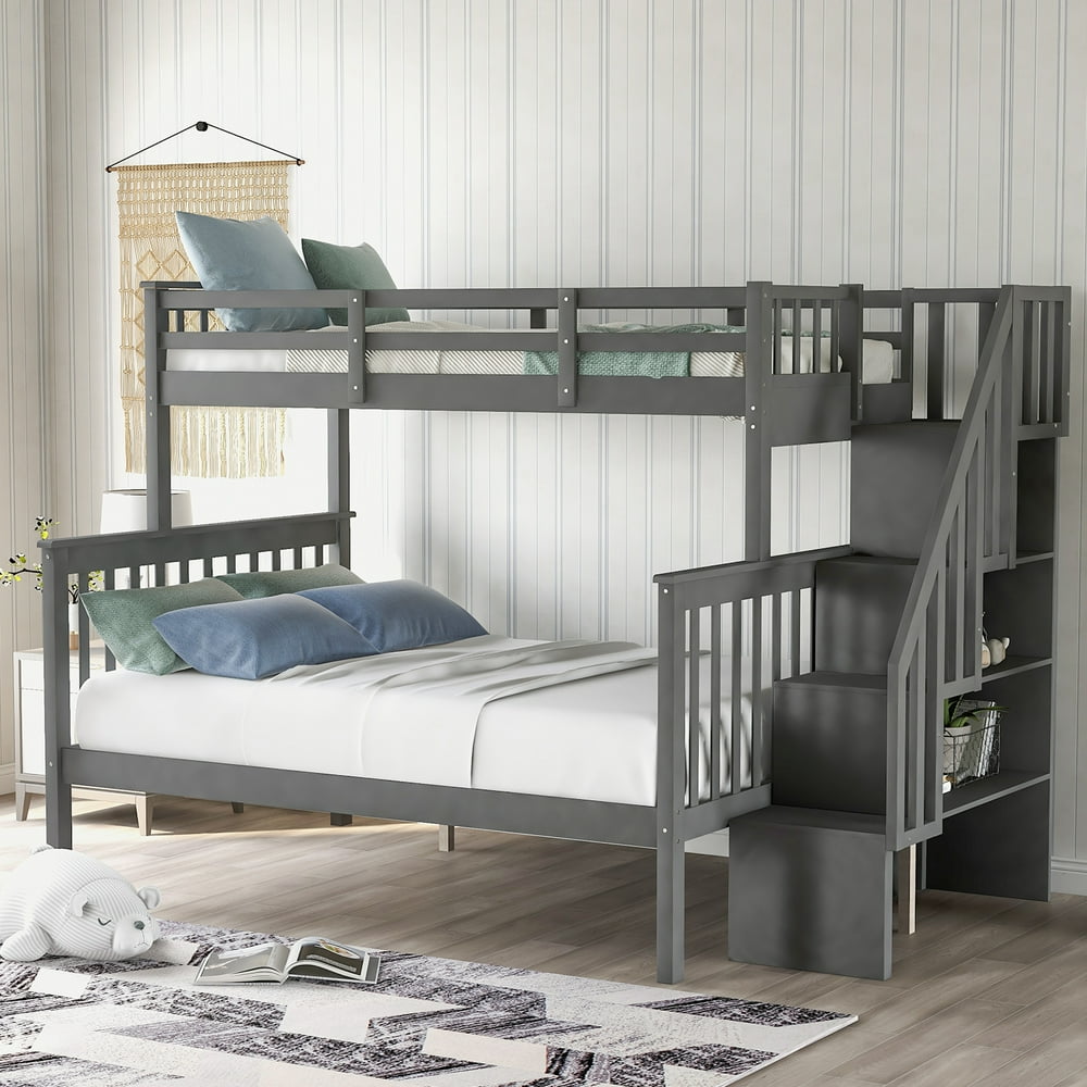 Bunk Beds Twin Over Full Size, Heavy Duty Bunk Beds for Bedroom, Hardwood Bunk Bed Frame Kids