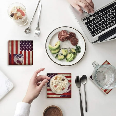 

KXMDXA American Flag Bear Set of 6 Coaster for Drinks Absorbent Ceramic Stone Coasters Cup Mat with Cork Base for Home Kitchen Room Coffee Table Bar Decor