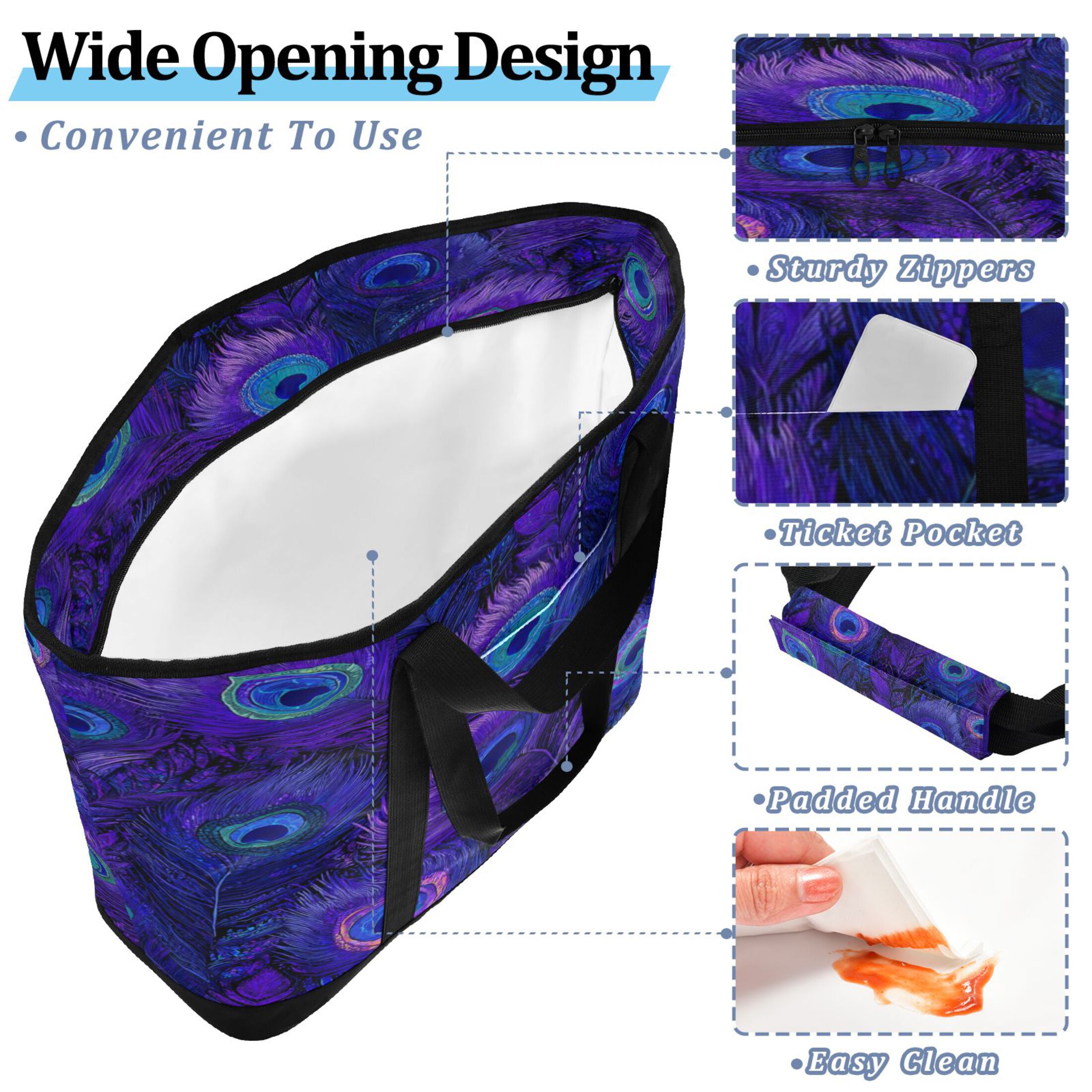 Extra-Large Wide Opening Design Capacity Hand-Held Ice Pack Thickened Insulation Layer For Long-Lasting Cold Retention For Outdoor Shopping Picnics And Camping Peacock Feathers