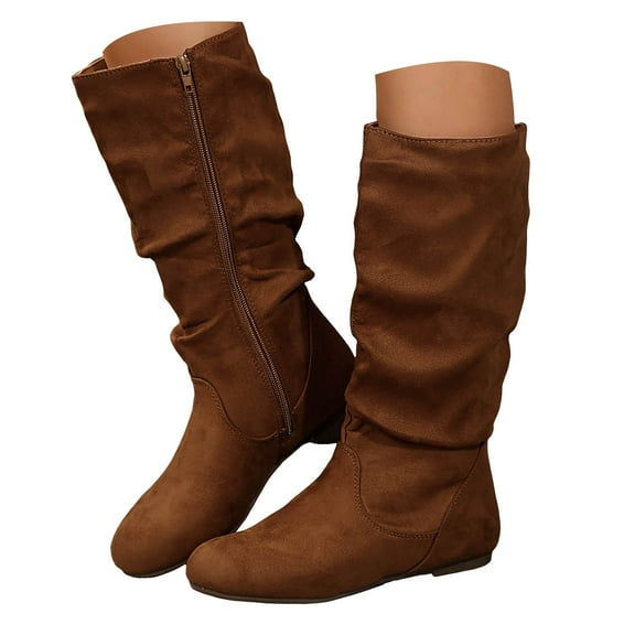 IUJSOY Slouchy Knee High Boots Women Suede Round Toe Zipper Long Mid Calf Boots Flat Booties