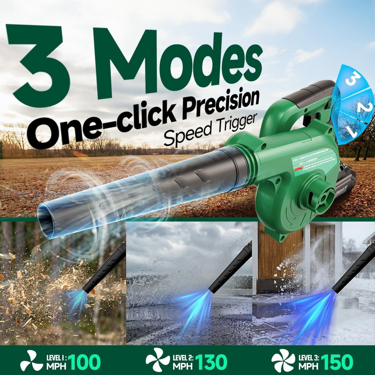 Cordless Leaf Blower Vacuum Combo 4 in 1, 3 Nozzles &3 Modes for Inflation & Deflation, Extended Tube & Variable Speed, 20000RPM 150MPH, 2x2000mAh Battery Powered Leaf Blowers for Lawn Care