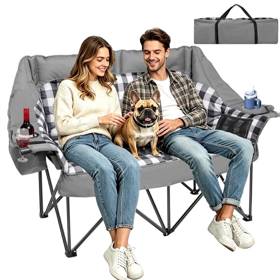 PNKKODW Oversized Padded Double Camping Chair Heavy Duty Folding Loveseat Supports Up to 800 lb 2 Person Outdoor Lawn Chair with Cooler Bags and Wine Glass Holders