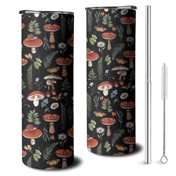 20oz Red Mushroom Snail Black Pattern Skinny Tumblers Stainless Steel Tumbler with Lid and Straw,Vacuum Insulated Double Wall Travel Tumbler Cups with Cleaning Brush for Coffee,Tea