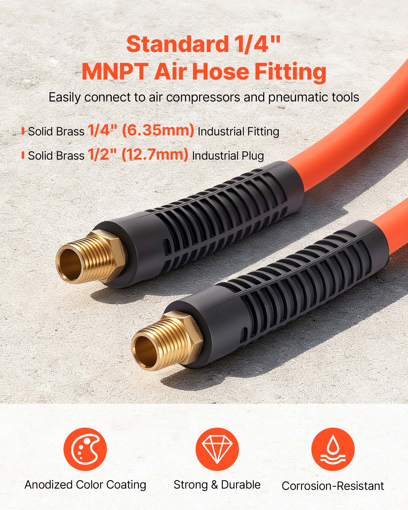 VEVOR Air Hose, 3/8'' x 50ft Hybrid Air Hose, Lightweight, Kink Resistant, Pneumatic Hoses with 1/4 inch Solid Brass Male Fitting, Three-Layer Hybrid Material, 300 PSI, All-Weather Flexibility,Orange