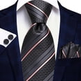 thumbnail image 4 of Hi-Tie Mens Silk Tie Pocket Square Set Black Pink Stripe Necktie Cufflink Set for Wedding Business, 4 of 6