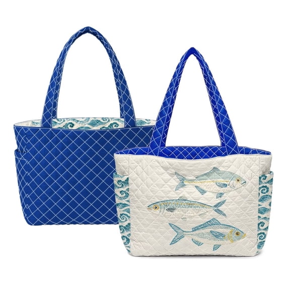 Pzuqiu Fish Wave Print Large Capacity Quilted Tote Bags for Women, Lightweight Blue Puffer Shoulder Hobo Handbags, Reversible Carry On Bags for Shopping Work Travel Everyday Use