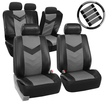 Side Split Full Leather FH Group Synthetic Leather Auto Accessory Full Set with Steering Wheel Cover and Seatbelt Pads, Side Airbag Compatible with Split Bench Function, Gary and Black ()