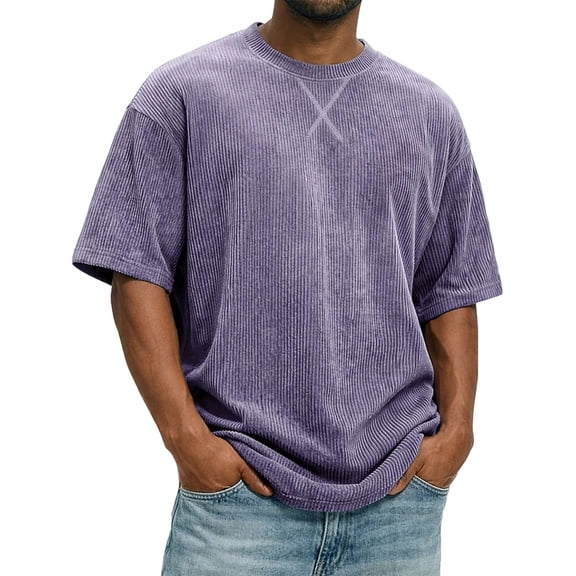 Men's Corduroy Crewneck T Shirt, Short Sleeve Loose Fit Tee, Casual Summer Athletic Top