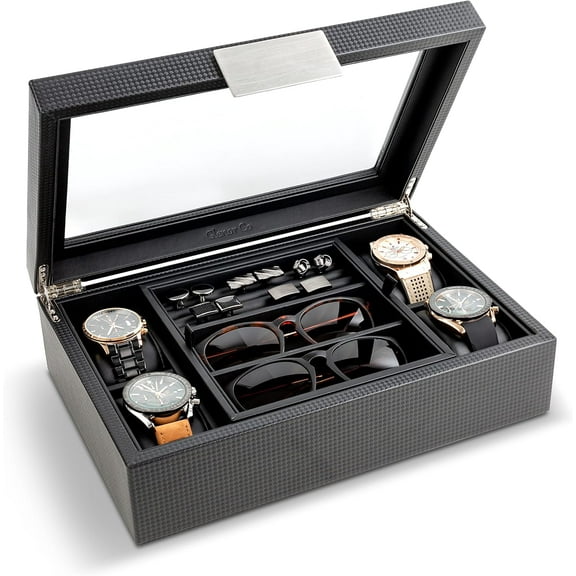Valet Jewelry Box for Men - Holds 4 Watches, 12 cufflinks, 2 Sunglasses & Tray Storage - Mens Watch Case - CarbonFiber Organizer w Metal Accents, PU Leather & Large Glass Lid - Black
