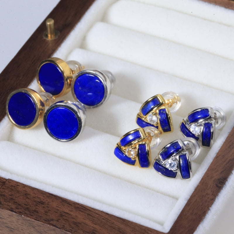 White Gold Plated Lapis Lazuli Stud Earrings – Round Natural Blue Gemstone, Hypoallergenic Minimalist Geometric Jewelry for Women & Men with RTT Jewelry Box