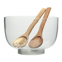 Gibson Elite Wildgreens Large Glass Salad Bowl Set with Marble Base and Acacia Serving Utensils