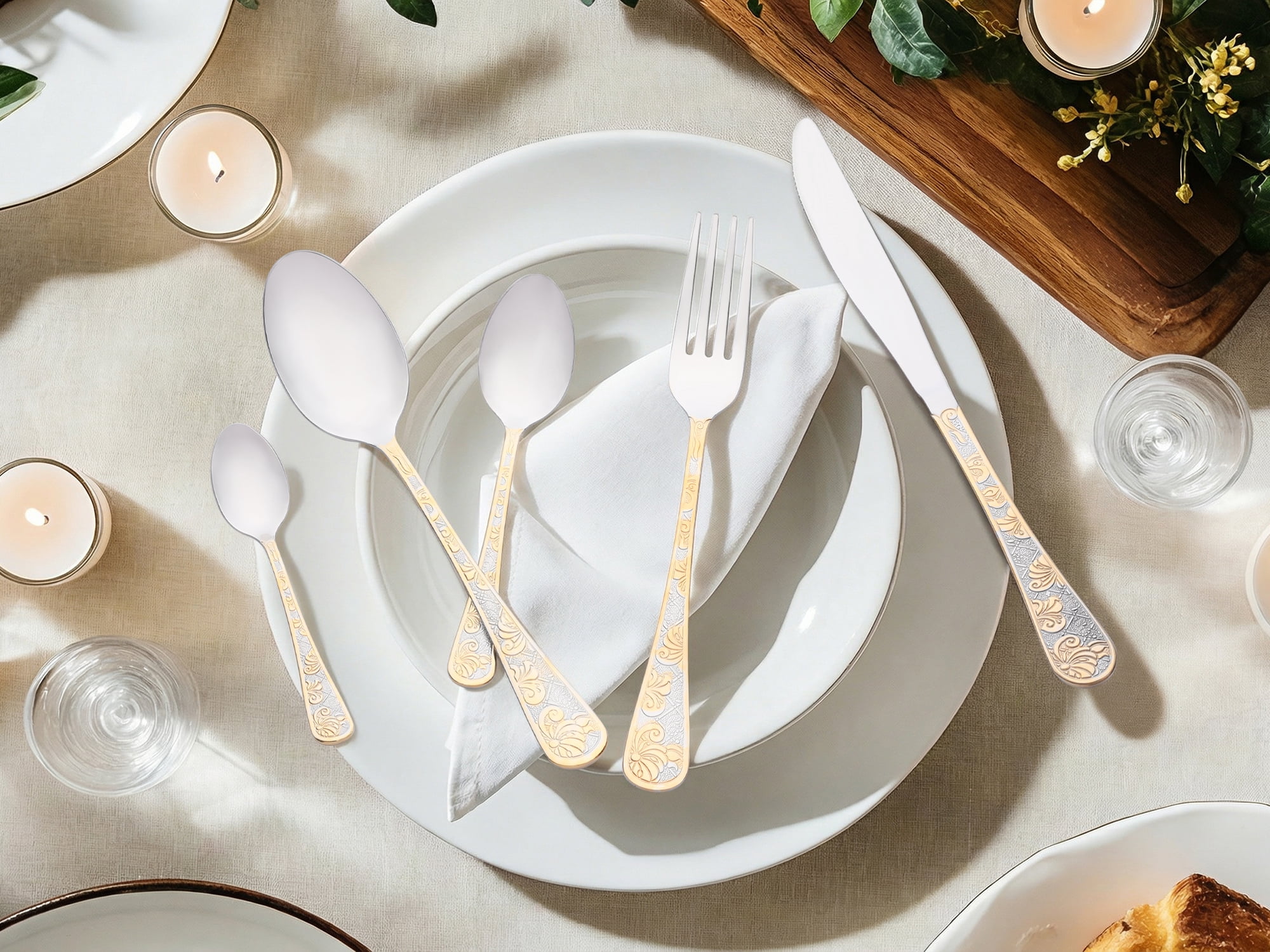Unique Bargains 20 Piece Silverware Set Stainless Steel Floral Flatware Silver/Gold 20