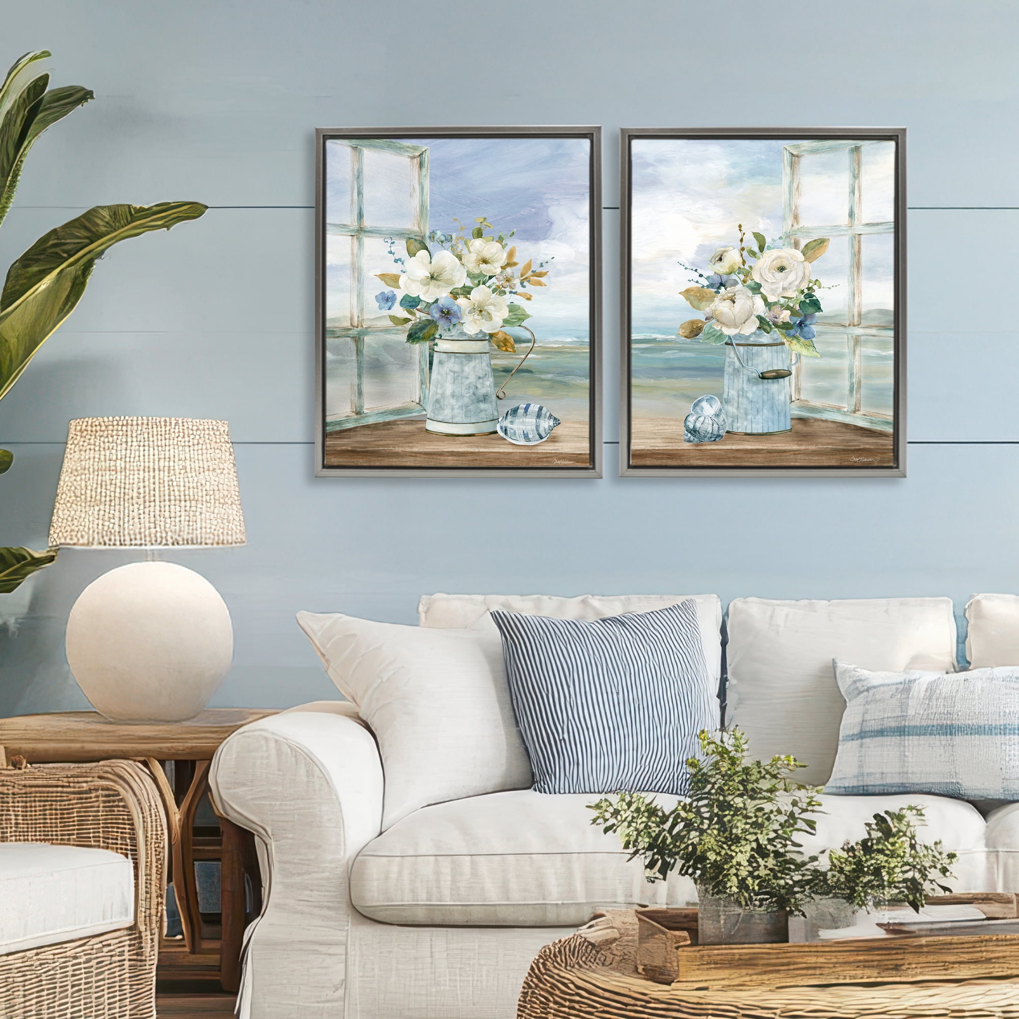 Stupell Industries Seaside Bouquets in Window 2 Piece Gray Framed Floater Canvas Set, design by Carol Robinson