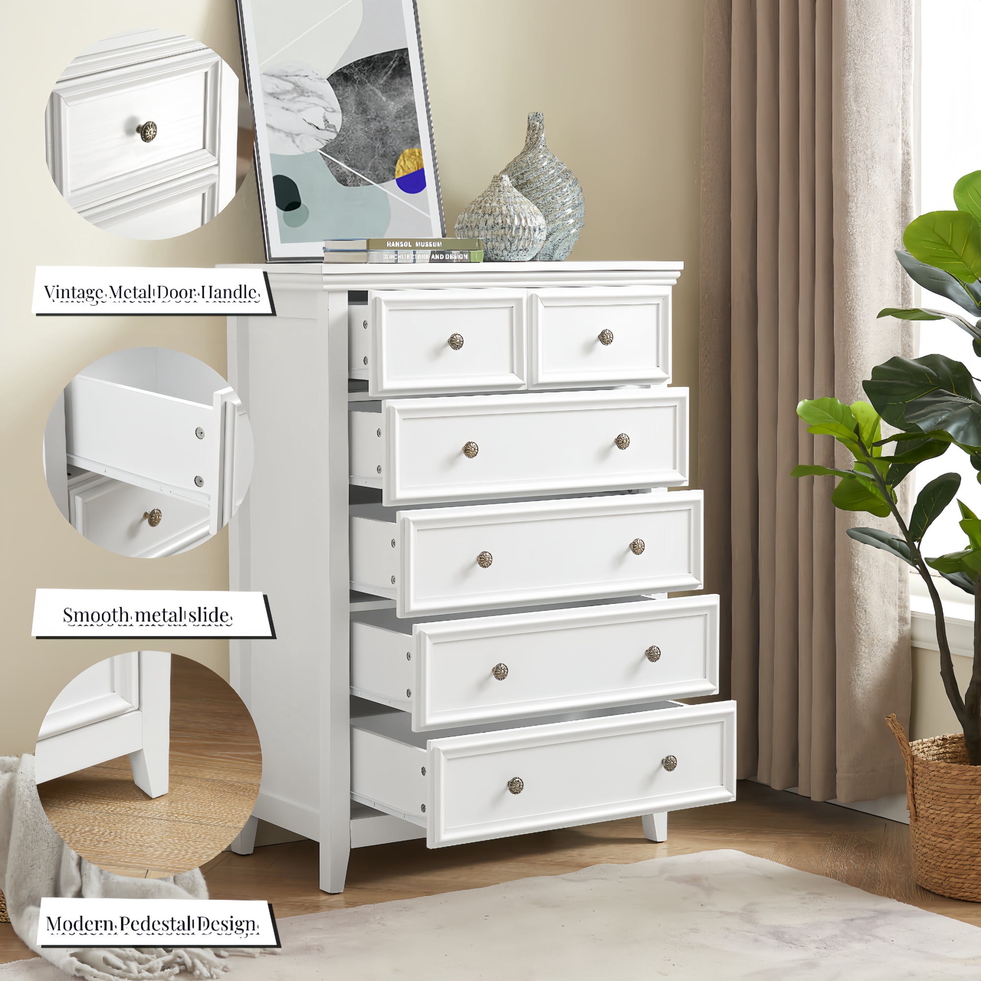 Leumius 6 Drawers Dresser,Modern Tall Chest of Drawers Closet Organizers and Storage Clothes Storage Drawers Cabinet for Living Room,Bedroom,White