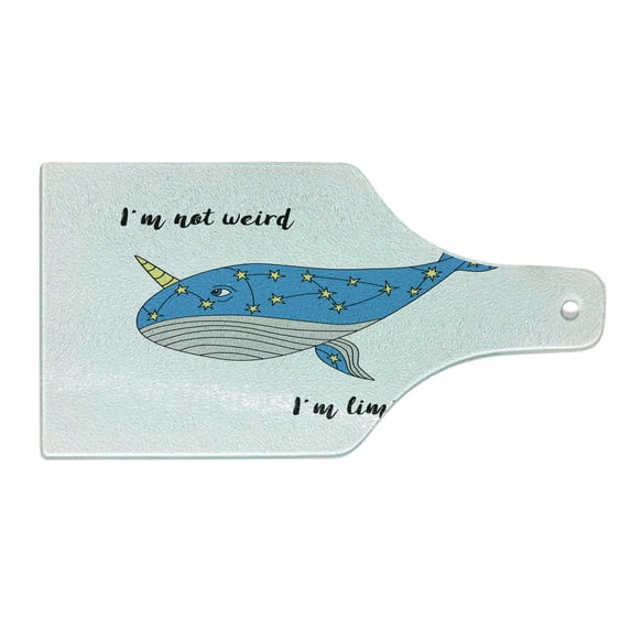 Narwhal Cutting Board, Hand Drawn Blue Cartoon Whale with Star Motifs and Words, Decorative Tempered Glass Cutting and Serving Board, Wine Bottle Shape, Azure Blue Grey Yellow, by Ambesonne