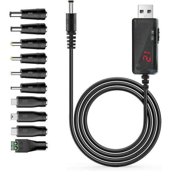 USB to DC 9V 12V Charging Cable, Universal Power Cord for Toys,Watches,Speaker,Camera,Monitor,Table Lamp,Phones,LED Light Strip, Router, DC 5.5 x 2.1mm with 10 Connector 3.3FT
