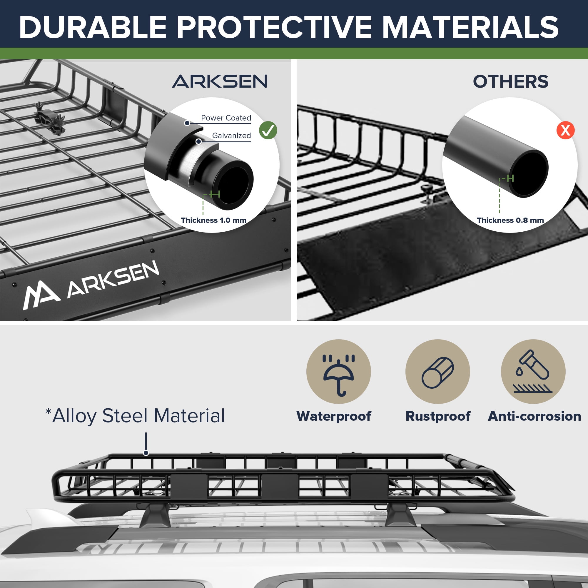 ARKSEN 54 x 39 x 5 Inch Upgrade Universal Roof Rack with Waterproof Bag, Cargo Net&2 Ratchet Straps - 150Lbs Capacity Heavy Duty Cargo Carrier with Extension for Car, SUV & Pickup