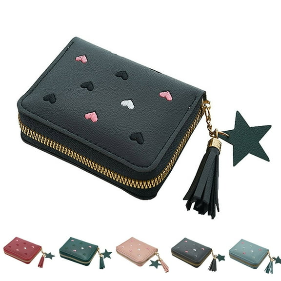 Modstep Short Wallet for Women Love Embroidery Bifold Card Holder Lightweight Compartment Purses with Tassel Zipper Grey