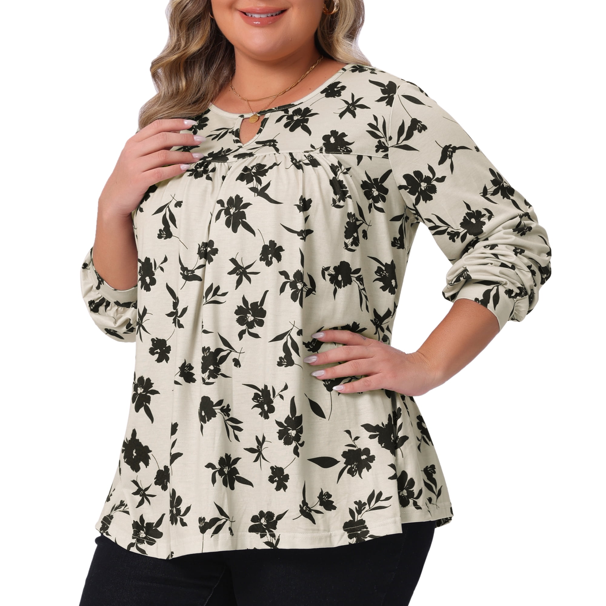 DARING DIVA Women's Plus V Neck Keyhole Pleated Floral Blouse 1X Beige
