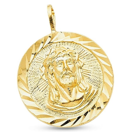Gold Jesus Christ Charm - 14k Yellow Gold Round Jesus Stamp Pendant Christ Medal Charm Diamond Cut Solid 20 x 20 mm