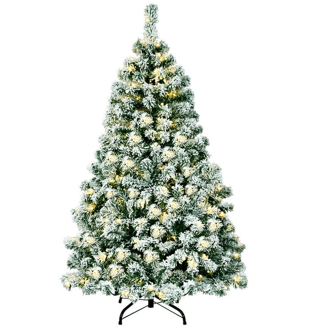 Costway 135 cm Árbol de Navidad Artificial Pino Nevado Iluminado con Bisagra 200 Luces Led Base Plegable de Metal