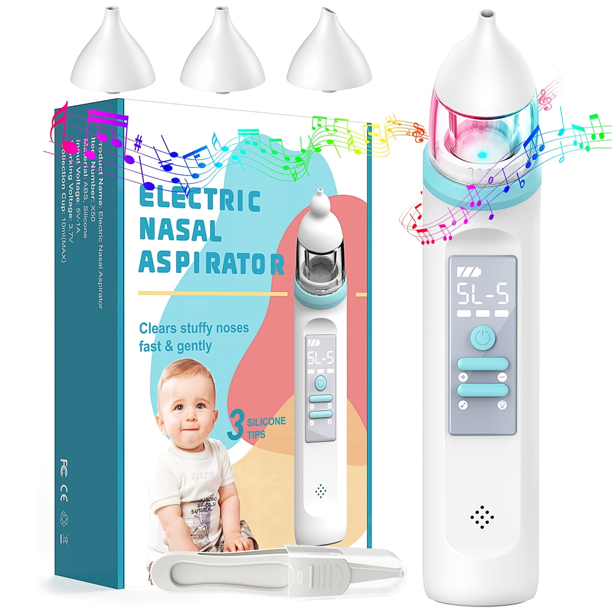 Nasal Aspirator for Baby, Electric Nose Booger Sucker Automatic Nose Cleaner USB Rechargeable W/ 3 Silicone Tips, 5 Suctions Power, Music & Colorful Light Soothing Function for Infants Newborn Kids