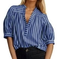 thumbnail image 7 of OBEEII Shirt for Women Summer Short Puff Sleeve Top Blue and White Striped Shirt V Neck Casual Blouse Business Shirt, 7 of 7