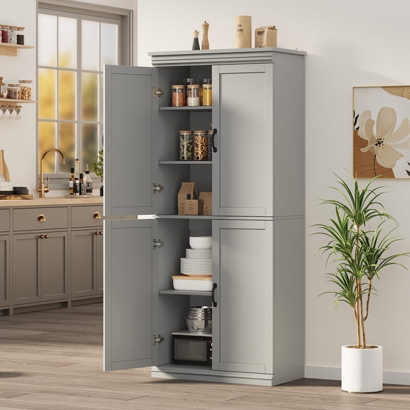 70" Tall White Wood Kitchen Pantry Cabinet, 4 Doors with Adjustable Shelves – Modern Cupboard for Dining Room or Living Room
