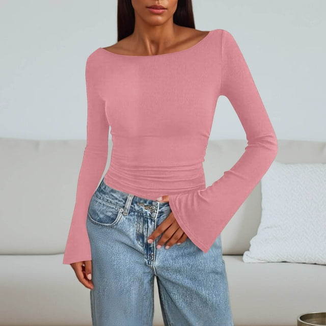 Wensltd Hauts à Manches Longues Noirs pour Femmes Mode Printemps Col Rond Extensible Ajusté