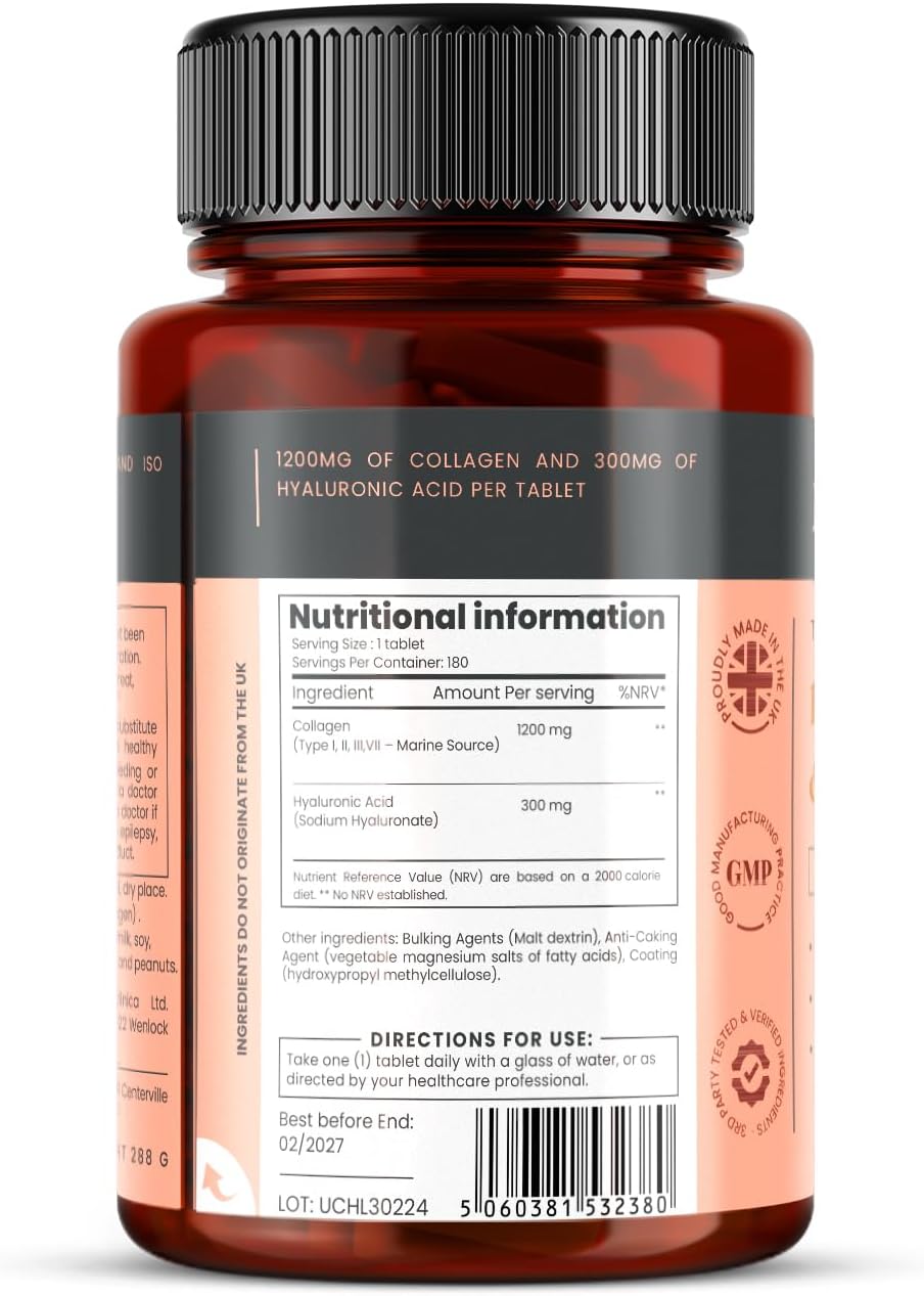 UltraColl Collagen 1200mg + Hyaluronic Acid 300mg (1500mg Total) – 1080 Tablets | Up to 18-Month Supply | Marine Collagen Types I, II, III & VII | High-Strength Anti-Aging