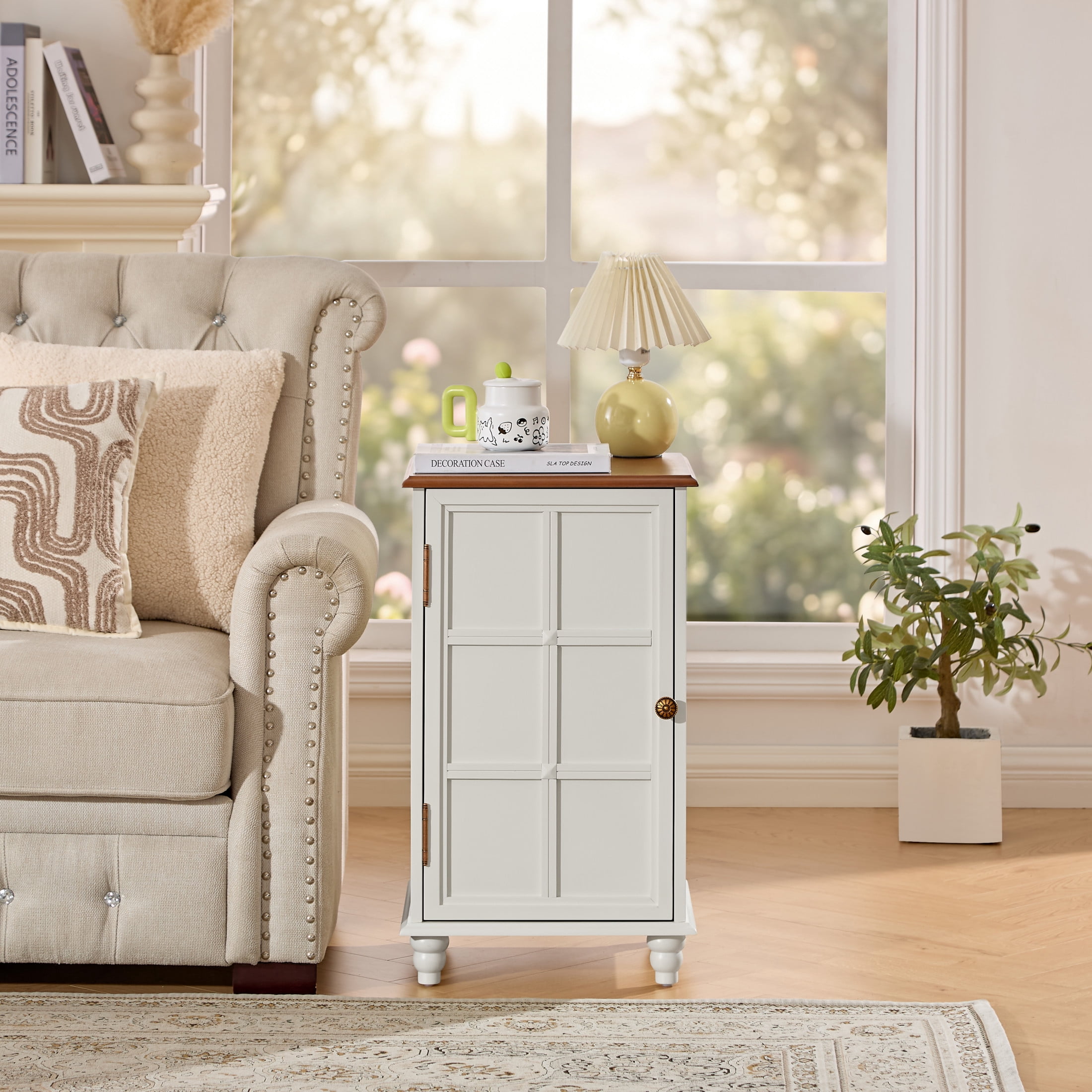 GDF Studio 27" Tall Mid-Century Modern Floor Cabinet with Door & Adjustable Shelf, White+Walnut