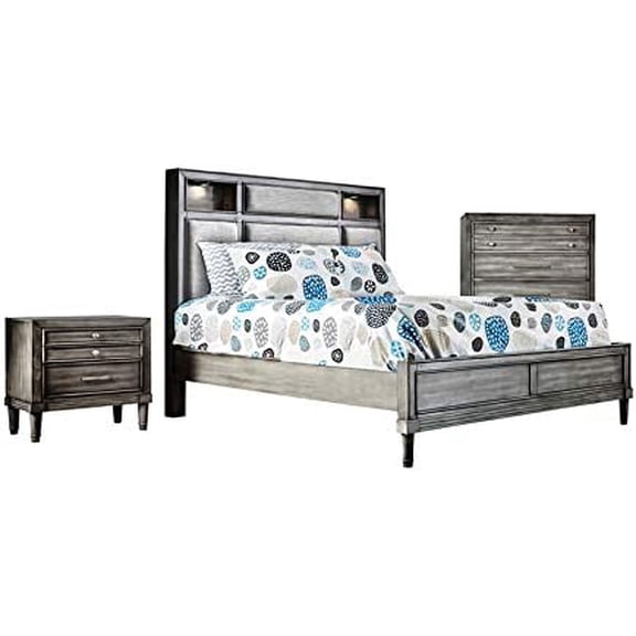 FOA Cartagena 3pc Gray Solid Wood Bedroom Set - Queen   Nightstand   Chest
