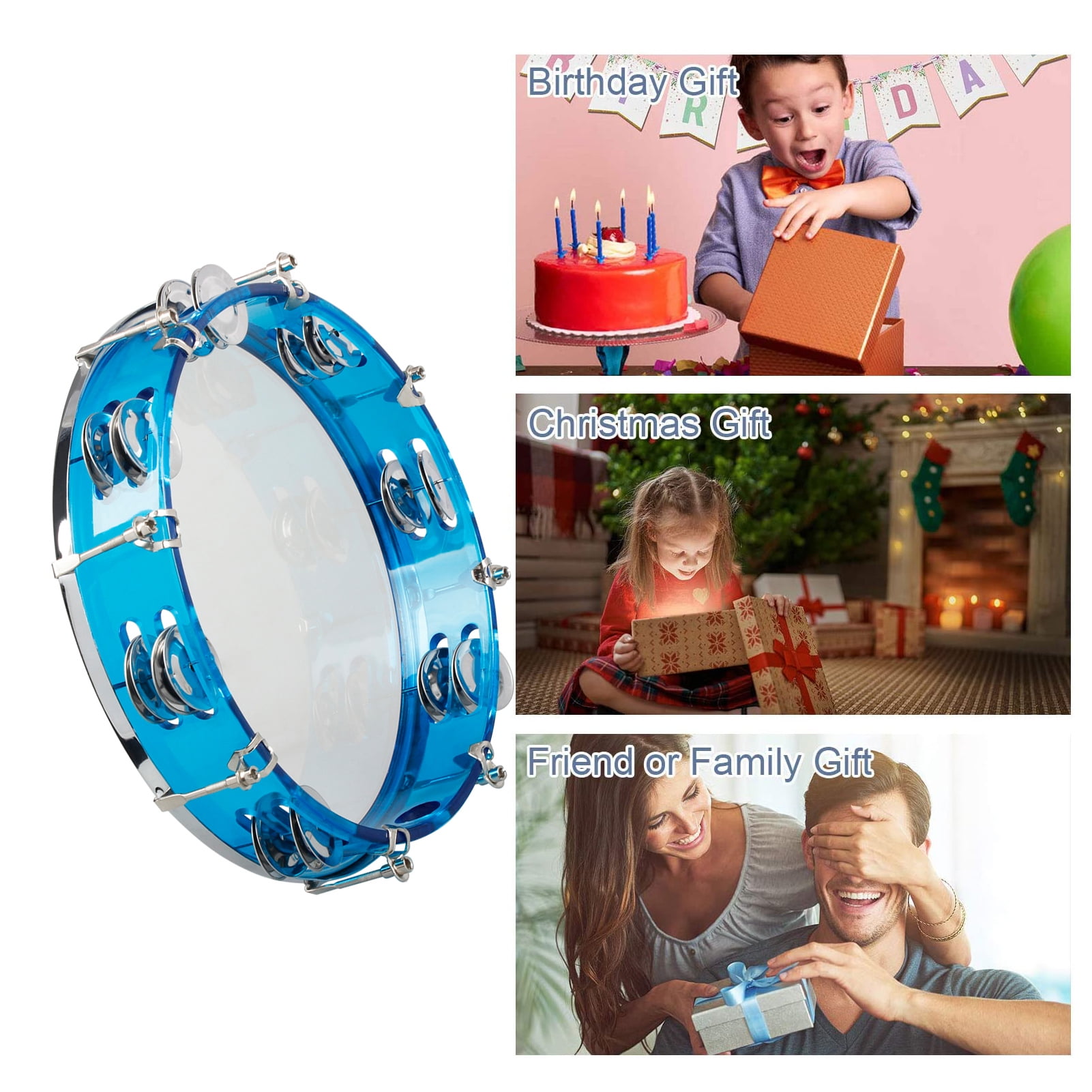 ammoon Double Row Tambourine Drum Set, Percussion Instrument for Church Performance, Blue
