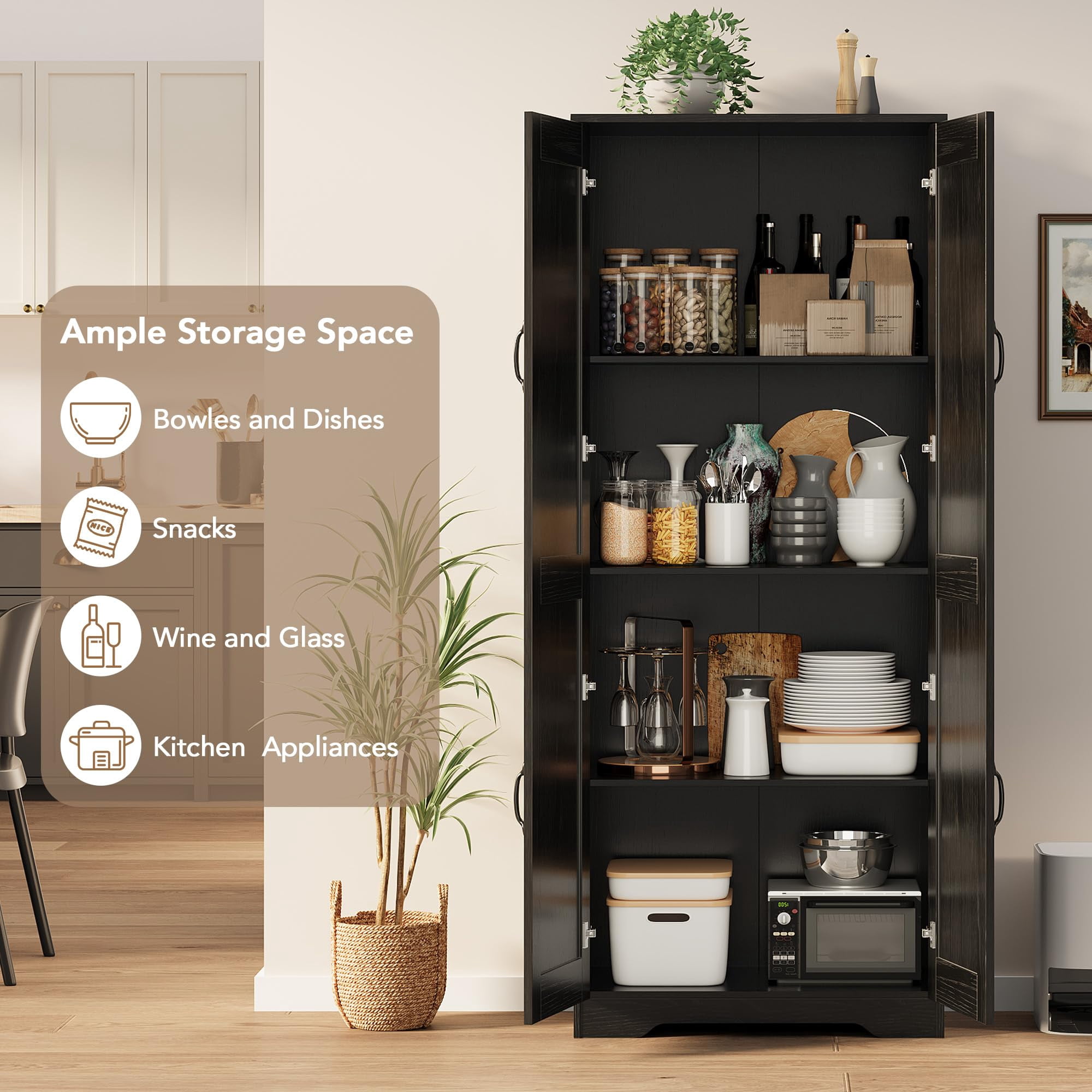Juiluna Tall Pantry Cabinet, 60" Kitchen Pantry Storage Cabinet with 2 Doors and Adjustable Shelves, Freestanding Kitchen Cabinet, Cupboard for Dining Room, Bathroom, Antique Black