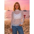 thumbnail image 3 of Camiseta de manga larga transparente para mujer, cuello alto, estampado de corazón, corte ajustado, estilo casual y urbano., 3 of 7
