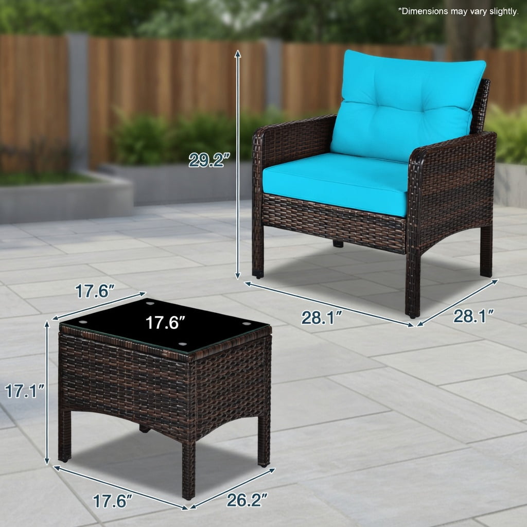 Hommoo 3-Piece Outdoor Wicker Patio Conversation Set, PE Rattan Chairs with Cushions, Tempered Glass Coffee Table for Backyard, Balcony & Poolside, Turquoise