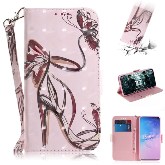 Galaxy S10 Plus Case, S10 PlusCase, Allytech 3D PU Leather Protective Cover & Pocket Lanyard Wallet with Cards Holder, Support Kickstand Slim Case for Samsung Galaxy S10 Plus, Butterfly High Heels