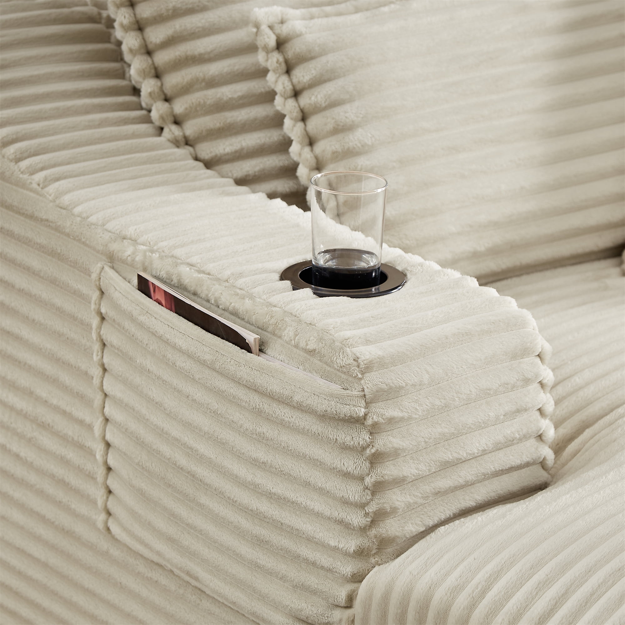 Aukfa 68" Oversized Chaise Lounge Boneless Couch with 2 Cup Holder&Side Pocket, 3Pillows, Corduroy, Camel