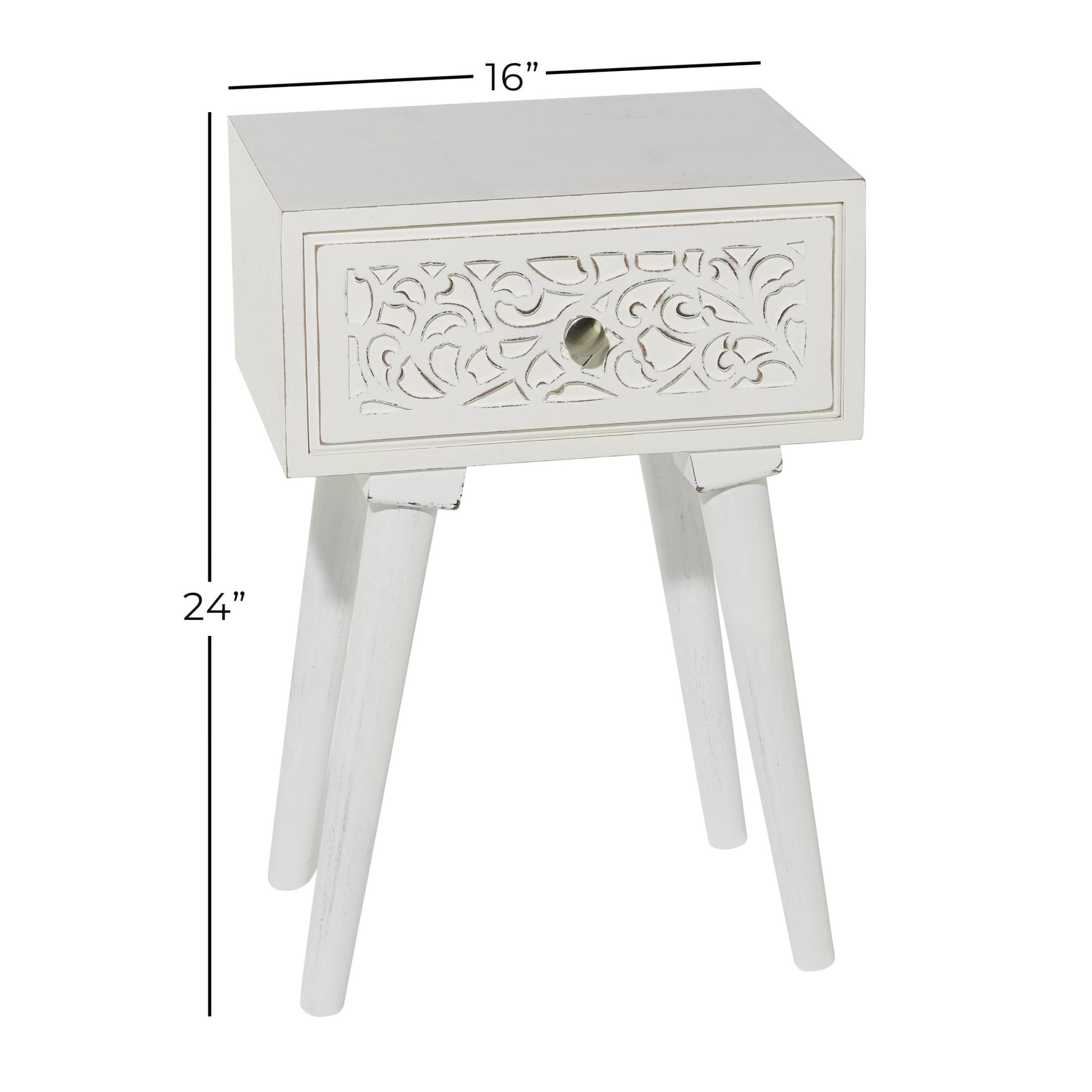 DecMode 16" x 24" White Mango Wood Intricately Carved Single Drawer Scroll Accent Table, 1-Piece