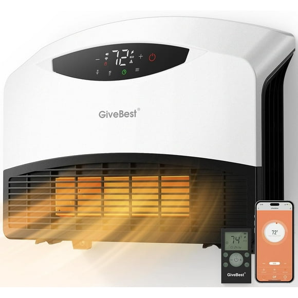 GiveBest - Calentador eléctrico de pared con WiFi y control remoto, calentador de piso o pared, cobertura de habitación grande, 3 modos de calefacción, espacio de calentamiento rápido de 1500 W con