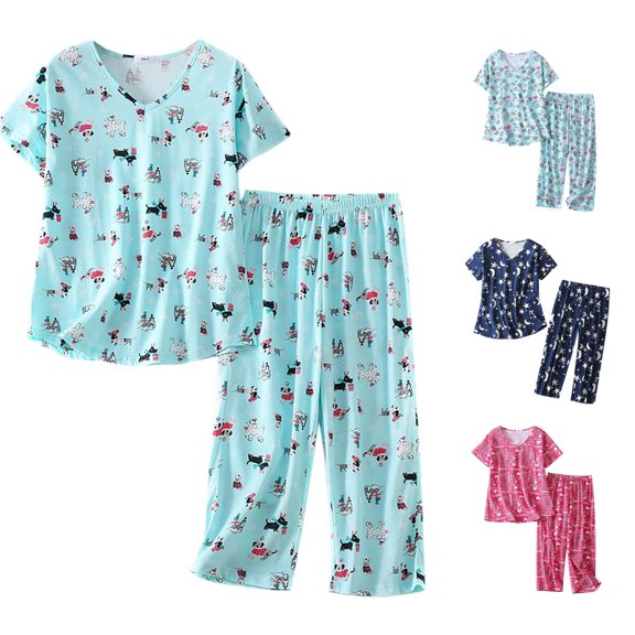 RMGVDSD Womens Pajamas Sets Short Sleeve Tops and Capri Pants Cute Cartoon Print Pajama Set 2 Piece Sleepwear Soft Comfy Loungewear