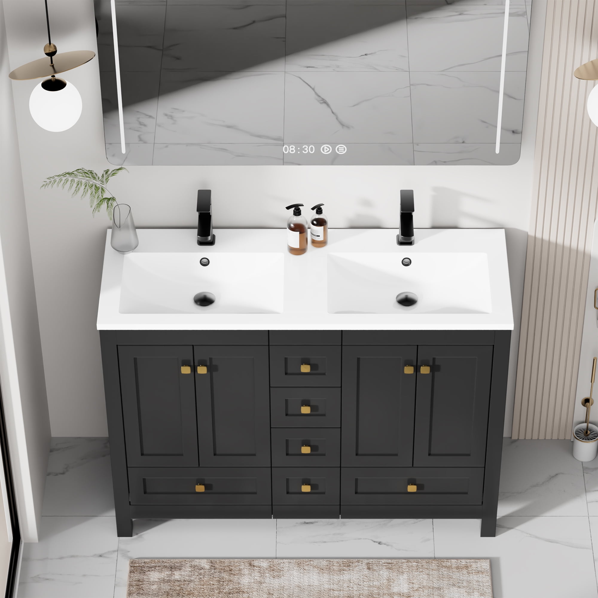 "eclife 48"" Freestanding Bathroom Vanity Set with Resin Double Sink Top, PU Paint, Water-Saving Faucet, Black"